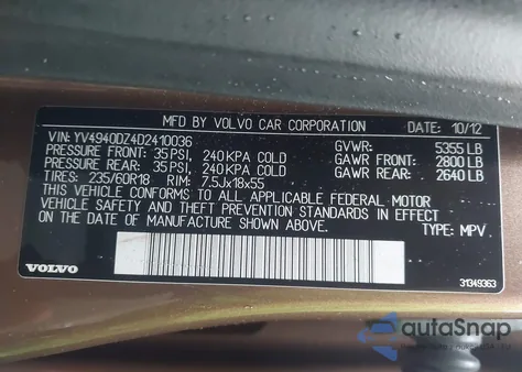 2013 Volvo Xc60 3.2 Premier z USA, uszkodzony, nr VIN YV4940DZ4D2410036